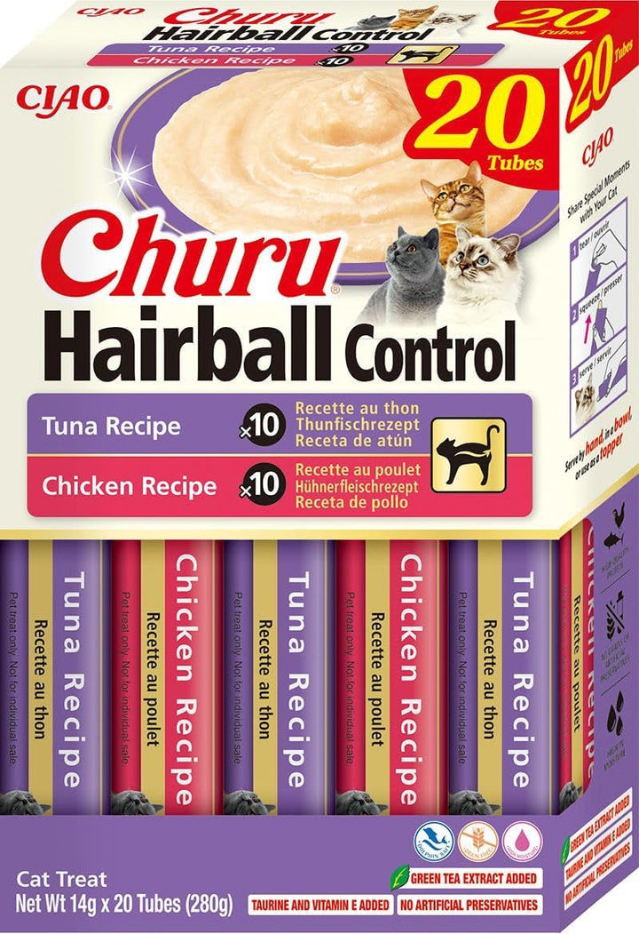 INABA Churu Hairball Control anti Hairball Tratamente premium pentru pisici cu taurină și fibre, pui și ton 20 X 14 G | Fără cereale, fără zahăr, fără subproduse, anti hairball cat