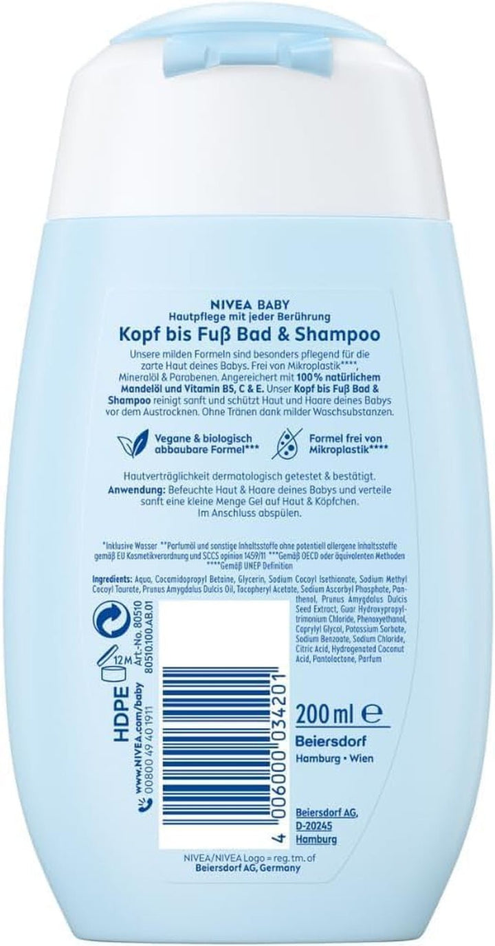 NIVEA BABY head to toe bath & shampoo, șampon blând vegan pentru copii pentru piele și păr cu ulei de migdale, gel de duș relaxant cu formulă hipoalergenică fără parabeni și microplastice (200 ml) Copii - Baie si Skincare Naty Shop