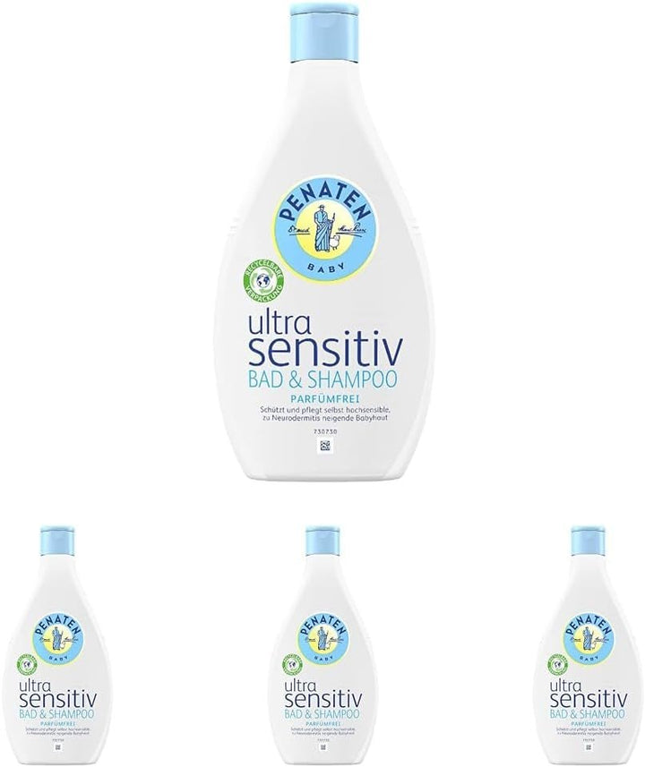 PENATEN Ultra Sensitive Bath & Shampoo (400 ml), baie și șampon pentru bebeluși deosebit de blând pentru pielea foarte sensibilă a bebelușilor predispuși la neurodermatită, gel de duș și șampon de păr fără parfum și coloranți Copii - Baie si Skincare Naty Shop 400 Ml (pachet de 4) Gel de spălare