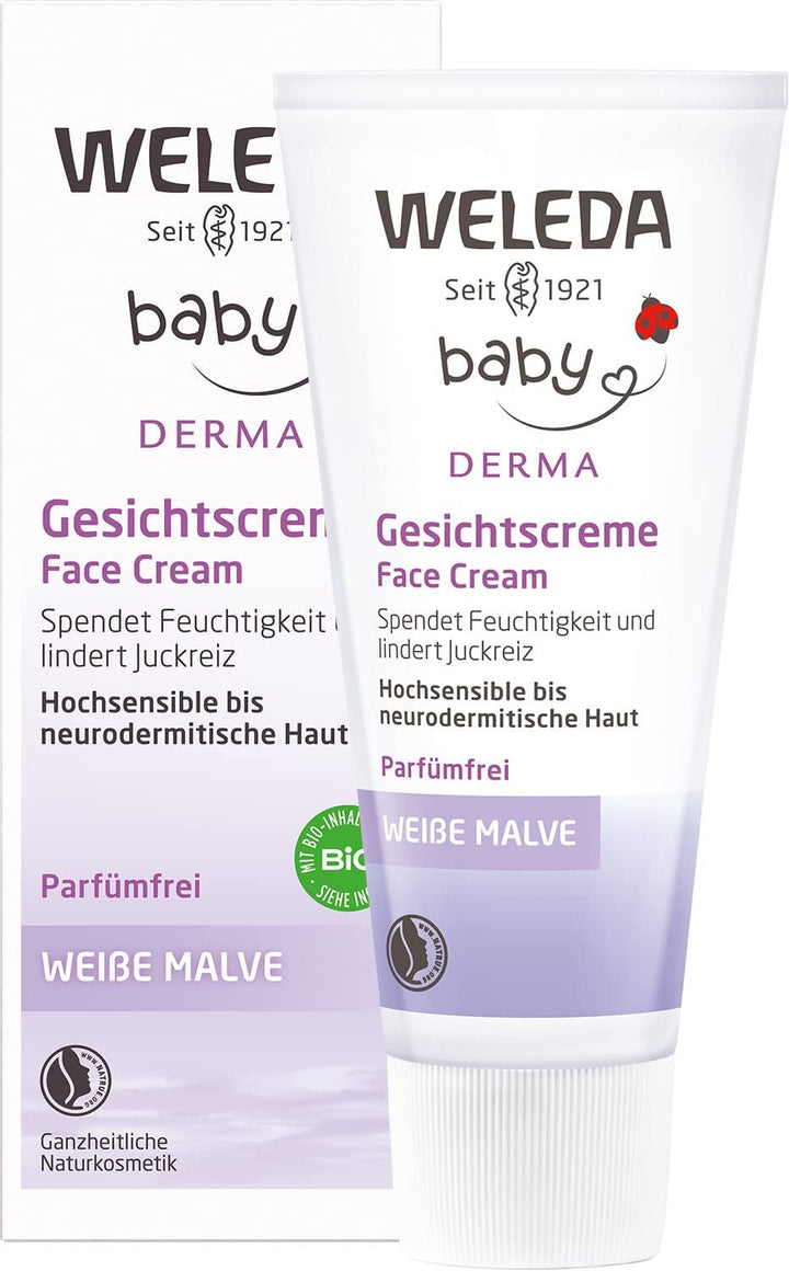 WELEDA Organic Baby Derma White Mallow Face Cream, cremă hidratantă pentru pielea foarte sensibilă și neurodermitică, cosmetice naturale pentru îngrijire intensivă și ameliorarea mâncărimii (1 x 50 ml) Copii - Baie si Skincare Naty Shop
